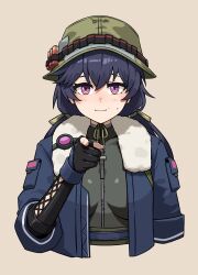 1girl absurdres artpatient backpack bag blue_hair blue_jacket bow brown_background bucket_hat closed_mouth elbow_gloves fingerless_gloves fur-trimmed_jacket fur_trim girls&#039;_frontline girls&#039;_frontline_2:_exilium gloves hair_bow hat highres jacket light_blush lotta_(girls&#039;_frontline_2) low_twintails pointing pointing_at_viewer purple_eyes ringed_eyes shotgun_shell simple_background smile solo sweatdrop twintails upper_body yellow_bow