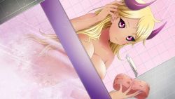Rule 34 | 1girl, artist request, black sclera, blonde hair, breasts, colored sclera, demon girl, gyaru, holding, holding sponge, horns, large breasts, lethe (monster musume), looking at viewer, monster musume no iru nichijou, monster musume no iru nichijou online, nail polish, official art, pink eyes, shower (place), showering, soap, solo, sponge, steam, tan
