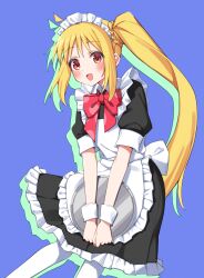 Rule 34 | 1girl, absurdres, ahoge, apron, black dress, blonde hair, blue background, blush, bocchi the rock!, bow, bowtie, dress, frilled apron, frilled dress, frills, highres, holding, holding tray, ijichi nijika, joniwi, long hair, looking at viewer, maid, maid apron, maid headdress, open mouth, pantyhose, red bow, red bowtie, red eyes, short sleeves, side ponytail, sidelocks, smile, solo, tray, v arms, white pantyhose, wrist cuffs