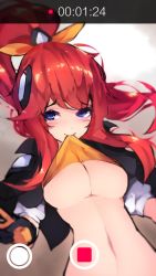 Rule 34 | battle academia lux, blue eyes, blush, breasts, butaros, clothes in mouth, clothes lift, hair ornament, highres, league of legends, lifted by self, looking at viewer, lux (league of legends), medium breasts, mouth hold, ponytail, red hair, selfie, shirt in mouth, shirt lift, smile, underboob