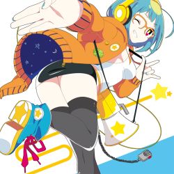 Rule 34 | 1girl, ;d, album cover, black thighhighs, blue hair, blue nails, boots, brooch, commentary request, cover, glasses, headphones, intercom, jacket, jewelry, m/, megaphone, miniskirt, mzh, nail polish, one eye closed, open mouth, orange-framed eyewear, original, purple eyes, short hair, skirt, smile, solo, thighhighs, thighs