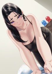 Rule 34 | 1girl, all fours, bare shoulders, bed, black dress, black hair, blueorca, blurry, blurry background, blush, breasts, cleavage, collarbone, dress, furrowed brow, hair between eyes, hair over shoulder, highres, indoors, large breasts, leaning forward, long hair, looking at viewer, mole, mole on breast, on bed, original, parted bangs, smile, solo, taut clothes, taut dress