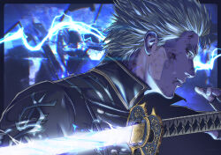 Rule 34 | 1boy, black gloves, blue coat, blue eyes, closed mouth, coat, devil may cry (series), devil may cry 5, fingerless gloves, gloves, highres, holding, holding sword, holding weapon, jhony caballero, katana, male focus, short hair, solo, sword, vergil (devil may cry), weapon, white hair, yamato (sword)