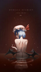 Rule 34 | 1girl, absurdres, alcohol, ass, bat wings, blue hair, character name, closed mouth, commentary, completely nude, copyright name, cowboy shot, cup, drinking glass, from behind, glint, hand up, hat, hat ribbon, highres, holding, holding cup, looking at viewer, looking back, low wings, mob cap, movie poster, nude, pink hat, pointy ears, profile, red eyes, red ribbon, reflection, reflective water, remilia scarlet, ribbon, ripples, short hair, sideways glance, signature, simple background, solo, touhou, vampire, vignetting, wading, water, wine, wine glass, wings, ycl 090