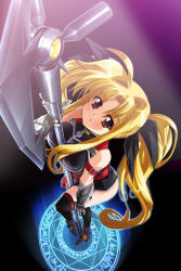 Rule 34 | 00s, 1girl, bardiche (assault form) (nanoha), bardiche (nanoha), belt, between breasts, blonde hair, breasts, fate testarossa, fate testarossa (true sonic form), foreshortening, from above, gloves, long hair, looking up, lyrical nanoha, magic circle, mahou shoujo lyrical nanoha, mahou shoujo lyrical nanoha strikers, medium breasts, octagram, perspective, red eyes, ribbon, solo, thighhighs, tnonizyou, twintails, very long hair