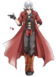 Rule 34 | 00s, 1boy, capcom, coat, dante (devil may cry), devil may cry (series), devil may cry 4, fingerless gloves, flower, gloves, jacket, male focus, red jacket, rose, solo, white background, white hair