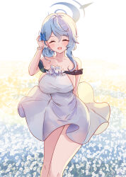Rule 34 | 1girl, ^ ^, absurdres, ako (blue archive), alternate costume, arm behind back, ash (cat7evy), bare legs, bare shoulders, blue archive, blue hair, blush, breasts, closed eyes, collarbone, daisy, dress, feet out of frame, field, flower, flower field, tucking hair, halo, highres, large breasts, open mouth, sleeveless, sleeveless dress, solo