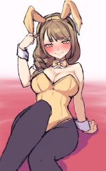 Rule 34 | 1girl, animal ears, arm support, bare shoulders, blush, bow, bowtie, braid, breasts, cleavage, closed mouth, detached collar, eyelashes, fake animal ears, fire emblem, fire emblem engage, furrowed brow, goldmary (fire emblem), hair over shoulder, hairband, hand up, highres, large breasts, leotard, light brown hair, long hair, looking at viewer, nintendo, pantyhose, playboy bunny, purple pantyhose, rabbit ears, shadow, sher (imnotsher), single braid, sitting, smile, solo, strapless, strapless leotard, swept bangs, wrist cuffs, yellow bow, yellow bowtie, yellow eyes, yellow hairband, yellow leotard