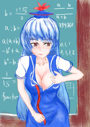 Rule 34 | 1girl, absurdres, blue dress, blue hair, blush, breasts, chalkboard, cleavage, collarbone, dress, embarrassed, equation, golden rectangle, hat, highres, kamishirasawa keine, large breasts, long hair, looking away, looking to the side, math, red eyes, red ribbon, ribbon, short sleeves, solo, teacher, teasing, tokin hat, touhou, undressing, upper body, wishstarintheblank