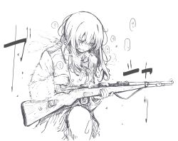 Rule 34 | 1girl, absurdres, blonde hair, bolt action, cold, fog, german army, gun, hair between eyes, heavy breathing, highres, holding, holding gun, holding weapon, long hair, long sleeves, looking down, messy hair, military, military uniform, monochrome, original, rifle, scarf, shell casing, shichisaburo, sidelocks, solo, translation request, uniform, weapon, world war ii