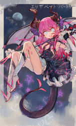 Rule 34 | 1girl, :p, absurdres, black dress, blue eyes, boots, bow, breasts, character name, detached sleeves, dress, elizabeth bathory (fate), elizabeth bathory (fate/extra ccc), elizabeth bathory (first ascension) (fate), fate/grand order, fate (series), flying, full moon, high heel boots, high heels, highres, horn bow, horn ornament, horns, long hair, long sleeves, looking at viewer, moon, pink hair, pointy ears, purple bow, rosette (yankaixuan), small breasts, smile, solo, spread wings, tail, tongue, tongue out, white footwear, wings