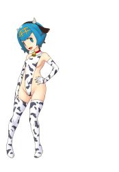 Rule 34 | 1girl, animal ears, animal print, bell, blue eyes, blue hair, breasts, clothing cutout, commentary request, covered erect nipples, covered navel, cow ears, cow horns, cow print, creatures (company), elbow gloves, fake animal ears, fake horns, game freak, gloves, groin, hand on own hip, hand on own thigh, highres, horns, lana (pokemon), leotard, looking at viewer, neck bell, nintendo, open mouth, pokemon, pokemon sm, print gloves, print leotard, short hair, side cutout, sideboob, small breasts, smile, solo, standing, thighhighs, tof, white gloves, white leotard, white thighhighs