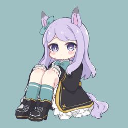 Rule 34 | 1girl, animal ears, black footwear, black jacket, blue background, blue bow, blue ribbon, blue socks, blush stickers, boots, bow, closed mouth, commentary, ear ribbon, frilled jacket, frilled sleeves, frills, full body, hands on own knees, highres, horse ears, horse girl, horse tail, jacket, knees up, long sleeves, looking at viewer, mejiro mcqueen (umamusume), nozo (hitomiz), purple eyes, purple hair, ribbon, simple background, sitting, sleeves past wrists, socks, solo, swept bangs, symbol-only commentary, tail, umamusume