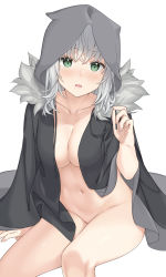 Rule 34 | 1girl, arm support, blush, breasts, cleavage, collarbone, fate/grand order, fate (series), gray (fate), green eyes, grey hair, grey hoodie, groin, highres, hood, hoodie, invisible chair, jyt, looking at viewer, lord el-melloi ii case files, medium breasts, naked hoodie, navel, open mouth, sitting, solo, thighs, white background