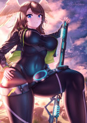 Rule 34 | 1girl, black bodysuit, bodysuit, breasts, clairstar, eunie (xenoblade), head wings, highres, large breasts, latex, latex bodysuit, long hair, navel, solo, thighs, white wings, wings, xenoblade chronicles (series), xenoblade chronicles 3