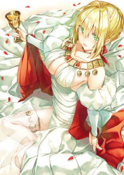 Rule 34 | 10s, 1girl, blonde hair, blush, braid, breasts, chalice, cleavage, cup, detached sleeves, dress, fate/extra, fate (series), from above, green eyes, hair between eyes, hair intakes, highres, holding, holding cup, large breasts, light smile, looking at viewer, nero claudius (fate), nero claudius (fate) (all), nero claudius (fate/extra), nero claudius (formal dress) (fate), official alternate costume, open mouth, petals, puffy detached sleeves, puffy sleeves, rose petals, saijou haruki, sidelocks, sitting, smile, solo, thighhighs, white dress, white thighhighs, yokozuwari