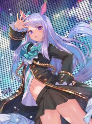 Rule 34 | 1girl, absurdres, animal ears, arm up, arpeggio kaga, commentary request, groin, hair ornament, highres, horse ears, horse girl, horse tail, jacket, long hair, looking at viewer, mejiro mcqueen (umamusume), navel, purple eyes, purple hair, ribbon, solo, stage, tail, umamusume