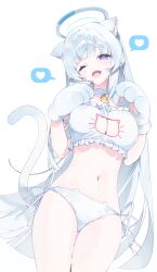 Rule 34 | 1girl, absurdres, animal ear fluff, animal ears, animal hands, bell, blue archive, blue hair, blunt bangs, breasts, cat cutout, cat ears, cat girl, cat lingerie, cat tail, choker, cleavage cutout, clothing cutout, cowboy shot, fang, frilled tube top, frills, gloves, halo, headgear, heart, highres, kemonomimi mode, large breasts, light blue hair, long hair, looking at viewer, mechanical halo, meme attire, meunhongcha, midriff, navel, neck bell, noa (blue archive), one eye closed, open mouth, panties, parted bangs, paw gloves, purple eyes, side-tie panties, simple background, skin fang, solo, spoken heart, tail, thigh gap, thighs, tube top, underwear, very long hair, white background, white choker, white halo
