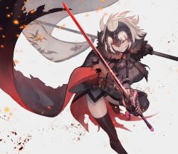 Rule 34 | black thighhighs, fate/grand order, fate (series), grey background, hair ornament, highres, holding, holding sword, holding weapon, jeanne d&#039;arc (fate), jeanne d&#039;arc alter (avenger) (fate), jeanne d&#039;arc alter (avenger) (first ascension) (fate), jeanne d&#039;arc alter (fate), lack, simple background, solo, standing, standing on one leg, sword, thighhighs, weapon, yellow eyes