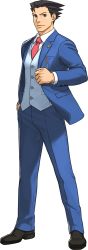 Rule 34 | 1boy, absurdres, ace attorney, angry, black hair, black socks, blue eyes, blue jacket, blue pants, blue suit, button shirt, buttons, chain, closed mouth, eyebrows, eyelashes, formal, frown, full body, gold chain, grabbing, hair slicked back, hand in pocket, hand up, highres, jacket, male focus, necktie, official art, pants, phoenix wright, pocket, red necktie, shadow, shiny clothes, shiny skin, shirt, socks, solo, solo focus, standing, suit, teeth, tongue, transparent background, vest, white shirt