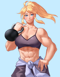 Rule 34 | 1girl, abs, absurdres, blue background, blue eyes, borrowed character, breasts, character request, cleavage, clothes around waist, collarbone, commission, copyright request, exercising, facing viewer, hand on own hip, high ponytail, highres, kettlebell, large breasts, light smile, lips, long hair, muscular, muscular female, nose, pants, ponytail, purple pants, purple sports bra, sidelocks, simple background, solo, sotcho, spaghetti strap, sports bra, sweater, sweater around waist, weightlifting