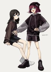 Rule 34 | 2girls, absurdres, bare legs, beanie, black footwear, black hair, black headwear, black hoodie, black shorts, black skirt, blue eyes, brown sweater, closed mouth, commentary, dated, drawstring, grey background, grey legwear, hat, highres, hood, hoodie, long hair, long sleeves, multiple girls, open mouth, original, pencil skirt, red hair, shoes, short hair, shorts, simple background, sitting, skirt, smile, sneakers, socks, standing, sweater, white footwear, yoon cook