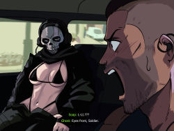 Rule 34 | 1boy, 1girl, bikini, black bikini, black jacket, blush, breasts, call of duty, call of duty: modern warfare 2, car interior, clothes pull, earpiece, english text, facial hair, fingerless gloves, from side, genderswap, genderswap (mtf), ghost (modern warfare 2), gloves, groin, half-closed eyes, headphones, headset, highleg, highres, jacket, soap (modern warfare 2), large breasts, long sleeves, looking at another, mask, navel, open clothes, open jacket, pants, pants pull, panty straps, portrait, short hair, skull mask, soap (modern warfare 2), stubble, subtitled, swimsuit, tina fate, upper body