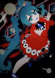 Rule 34 | 1girl, blue eyes, blue footwear, blue hair, blue tongue, colored tongue, dress, eye hair ornament, eye print, from above, hatsune miku, head tilt, highres, juliet sleeves, long hair, long sleeves, looking at viewer, psi (vocaloid), puffy sleeves, red dress, shoes, smile, solo, tsuchinoko (tutituti0125), twintails, very long hair, vocaloid