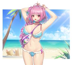 Rule 34 | 1girl, absurdres, bikini, blue bikini, blush, breasts, flower, flower necklace, highres, idolmaster, idolmaster cinderella girls, idolmaster cinderella girls starlight stage, jewelry, lei, necklace, pink eyes, pink hair, solo, swimsuit, thighs, white background, xi xeong, yumemi riamu