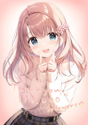 Rule 34 | 1girl, cardigan, fingers to mouth, flower, grey eyes, hair flower, hair ornament, head tilt, kimishima ao, light brown hair, momoi saki, open cardigan, open clothes, open mouth, original, own hands together, plaid, plaid skirt, signature, skirt, smile, solo, thank you
