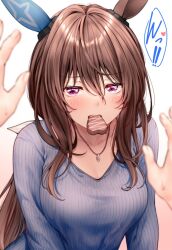 Rule 34 | 1girl, admire vega (umamusume), animal ears, blush, breasts, brown hair, candy, chocolate, chocolate heart, chocolate on face, ear covers, food, food on face, hair between eyes, heart, horse ears, horse girl, jewelry, long hair, long sleeves, looking at viewer, necklace, purple eyes, red hayao, shirt, single ear cover, umamusume