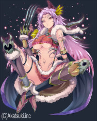 Rule 34 | 1girl, animal ears, breasts, capelet, claw (weapon), claws, closed mouth, crossed legs, female focus, fur trim, gradient hair, halterneck, kasai shin, large breasts, light particles, long hair, looking at viewer, midriff, multicolored hair, navel, official art, original, pink hair, purple hair, red eyes, simple background, sitting, solo, spread legs, straight hair, tattoo, thigh strap, thousand memories, underboob, weapon