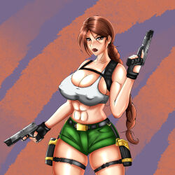 Rule 34 | 1girl, abs, absurdres, breasts, brown hair, corpa, dual wielding, gun, highres, holding, lara croft, large breasts, long hair, solo, tomb raider, weapon