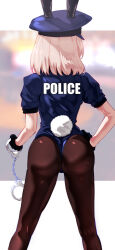 Rule 34 | 1girl, ass, ass focus, cuffs, from behind, gloves, handcuffs, hat, highres, leotard, pantyhose, pink hair, playboy bunny, police, rabbit ears, rabbit tail, short hair, solo, tail, uenoryoma