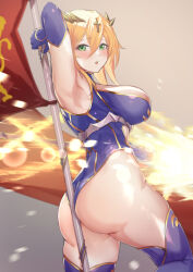 Rule 34 | 1girl, absurdres, ahoge, arm up, armpits, artoria pendragon (fate), artoria pendragon (lancer) (fate), ass, bare shoulders, between buttocks, blonde hair, blue gloves, blue leotard, blue thighhighs, braid, breasts, cleavage, cleavage cutout, clothing cutout, crown, elbow gloves, fate/grand order, fate (series), flag, french braid, gloves, green eyes, hair between eyes, highleg, highleg leotard, highres, lance, large breasts, leotard, long hair, looking at viewer, looking back, open mouth, polearm, rhongomyniad (fate), sidelocks, solo, thighhighs, thighs, ura illust, weapon