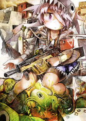 Rule 34 | 1girl, armband, bandage over one eye, bandages, bandaid, caterpillar, cityscape, cross, expressionless, finger on trigger, gun, hade na kangofu, hat, highres, kriss vector, original, plant, potted plant, red cross, safety pin, slime (substance), solo, submachine gun, tdi vector, weapon, zipper