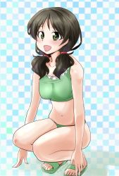 Rule 34 | 1girl, :d, abimaru gup, bikini, blue background, breasts, brown hair, checkered background, commentary, extra, frilled bikini, frills, full body, girls und panzer, green bikini, green eyes, green footwear, hair over shoulder, hair tie, highres, itsumi erika&#039;s gunner, looking at viewer, low twintails, medium breasts, medium hair, navel, open mouth, sandals, smile, solo, squatting, swimsuit, twintails