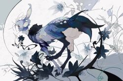 Rule 34 | abstract background, animal ears, animal focus, bird tail, blue flower, claws, creature, feathers, flower, from side, full body, highres, kamikiririp, leaf, no humans, original, pawpads, plant, rabbit ears, red eyes, running, solo, tail, whiskers