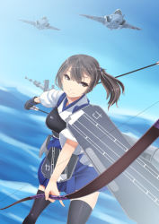 Rule 34 | 10s, 1girl, aircraft, airplane, arrow (projectile), black hair, black thighhighs, bow (weapon), brown eyes, hiememiko, japanese clothes, kaga (kancolle), kantai collection, muneate, perspective, side ponytail, skirt, solo, thighhighs, water, weapon, zettai ryouiki