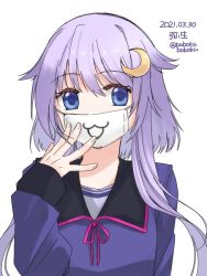 Rule 34 | 1girl, :3, black sailor collar, blue shirt, bobokuboboku, character name, commentary request, crescent, crescent hair ornament, dated, hair ornament, kantai collection, mask, mouth mask, purple hair, sailor collar, school uniform, serafuku, shirt, short hair, short hair with long locks, simple background, solo, twitter username, upper body, white background, yayoi (kancolle)