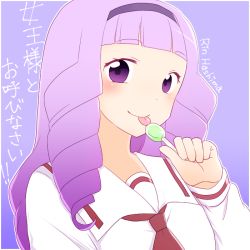 Rule 34 | !, !!, 10s, 1girl, blush, cardfight!! vanguard, cardfight!! vanguard g, character name, drill hair, food, hairband, hashima rin, long hair, necktie, popsicle, portrait, purple background, purple eyes, purple hair, sailor collar, simple background, solo, tongue, tongue out