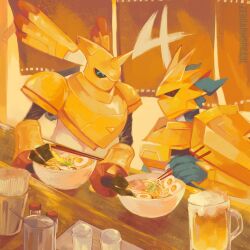 Rule 34 | 2boys, absurdres, animal ears, arm cannon, armor, artist name, artist request, beer mug, blue eyes, booth seating, claws, cup, digimon, digimon (creature), eating, food, gauntlets, gold, happy, highres, horns, looking at another, magnamon, mug, multiple boys, no humans, rapidmon (armor), red eyes, restaurant, shoulder pads, single horn, sitting, weapon