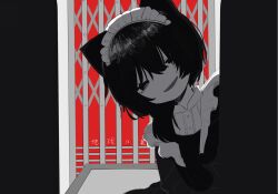 Rule 34 | 1girl, animal ears, apron, black hair, cat ears, chikyuu no ura (cevio), collared dress, copyright name, dress, elevator door, frilled apron, frills, greyscale, greyscale with colored background, hair over one eye, hair over shoulder, half-closed eyes, head tilt, kanengomi (5385 gedo), leaning to the side, letterboxed, long sleeves, looking at viewer, maid, maid headdress, medium hair, monochrome, open mouth, red background, smile, solid eyes, solo, song name, spot color, table, upper body