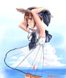 Rule 34 | 1girl, alternate costume, armpits, arms up, black bow, blue sky, boat, bow, brown eyes, brown hair, cloud, cowboy shot, day, dress, hat, highres, horizon, illusion, kantai collection, ocean, one-hour drawing challenge, optical illusion, sailboat, short hair, sky, sleeveless, sleeveless dress, solo, standing, straw hat, sun hat, sundress, tsukimura (d24f4z8j3t), twitter username, watercraft, white dress, yukikaze (kancolle)