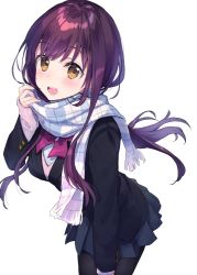 Rule 34 | 1girl, bad id, bad twitter id, blush, bow, long hair, looking at viewer, open mouth, original, pantyhose, pleated skirt, purple hair, rimo, scarf, simple background, skirt, solo, white background, yellow eyes