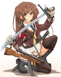 Rule 34 | 1girl, armband, black footwear, boots, brown eyes, brown shirt, brown thighhighs, carrying, closed mouth, commentary request, double horizontal stripe, gloves, gun, gunblade, handgun, harness, highres, holding, holding gun, holding sword, holding weapon, imperial japanese army, long hair, long sleeves, looking at viewer, mikeran (mikelan), miniskirt, nambu type 14, neckerchief, on one knee, original, partial commentary, pleated skirt, scabbard, school uniform, serafuku, shadow, sheath, shirt, skirt, smile, solo, submachine gun, sword, thigh strap, thighhighs, trigger discipline, weapon, white background, white gloves, white skirt, yellow neckerchief