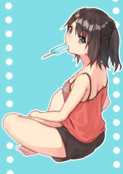 Rule 34 | 1girl, alternate costume, barefoot, black hair, black shorts, brown eyes, camisole, casual, food, from behind, indian style, kantai collection, looking at viewer, mitsuyo (mituyo324), mouth hold, orange camisole, popsicle, sendai (kancolle), short hair, shorts, sitting, solo, two side up