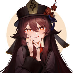 Rule 34 | 1girl, :q, abyssyuan, black nails, brown hair, genshin impact, hair between eyes, hands on own face, hat, highres, hu tao (genshin impact), jewelry, licking lips, long hair, long sleeves, looking at viewer, nail polish, porkpie hat, red hair, ring, smile, solo, symbol-shaped pupils, tongue, tongue out, twintails, upper body