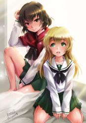 Rule 34 | 10s, 2girls, alternate costume, artist name, barefoot, blonde hair, blouse, blush, caesar (girls und panzer), carpaccio (girls und panzer), closed mouth, cosplay, girls und panzer, green eyes, green skirt, haruhata mutsuki, light smile, long hair, long sleeves, looking at another, looking at viewer, looking back, miniskirt, multiple girls, neckerchief, ooarai school uniform, open mouth, pleated skirt, red scarf, scarf, school uniform, serafuku, shirt, short hair, signature, sitting, skirt, smile, twitter username, wariza, white shirt
