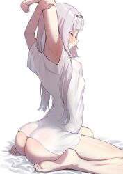 Rule 34 | 1girl, ajishio (loli king), arms up, ass, barefoot, bottomless, breasts, closed mouth, covered erect nipples, feet, from side, grey hair, highres, hololive, long hair, murasaki shion, naked shirt, shirt, short sleeves, sitting, small breasts, solo, stretching, virtual youtuber, wariza, white background, white shirt